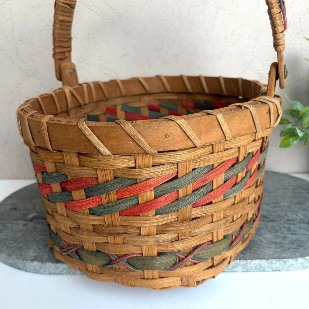 Vintage Style Woven Splint Oval Basket with Handle Red and Green Accents